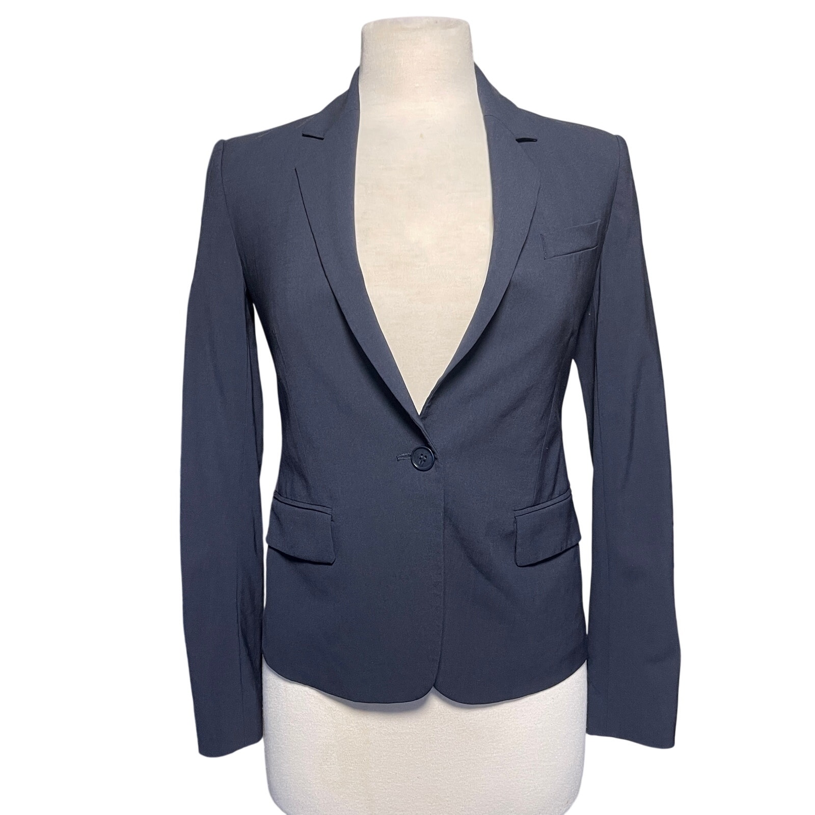 Theory Women’s Wool Blend Navy Blue Notched Lapel Single Button Blazer
